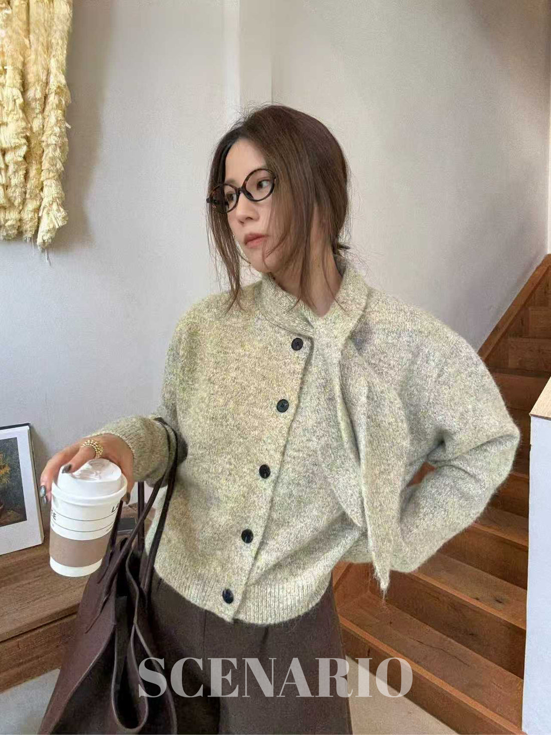 SCENARIO Lazy Scarf-Collar Wool Blend Knit Cardigan-3 Colors