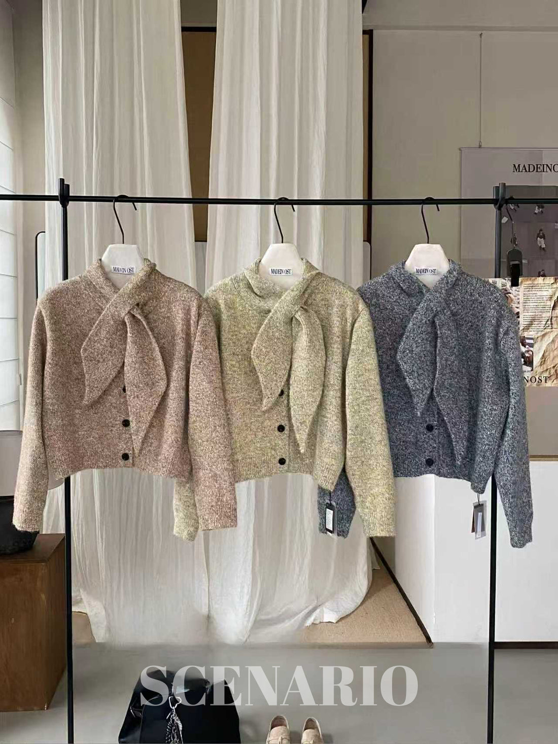 SCENARIO Lazy Scarf-Collar Wool Blend Knit Cardigan-3 Colors