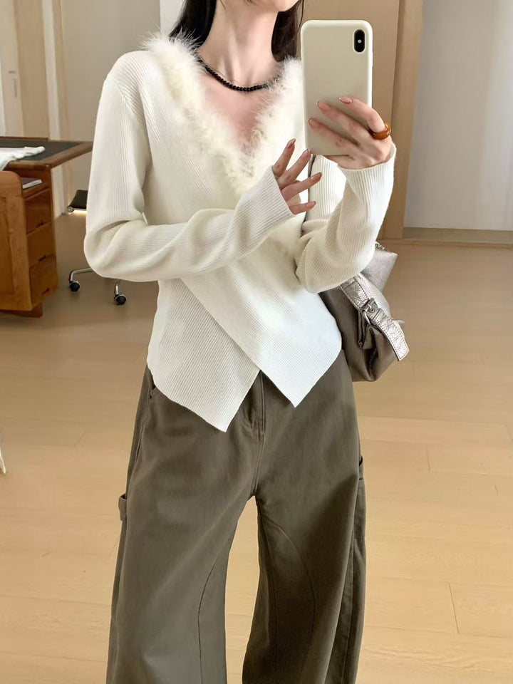 SCENARIO Rabbit Collar Knit Top-Two Colors