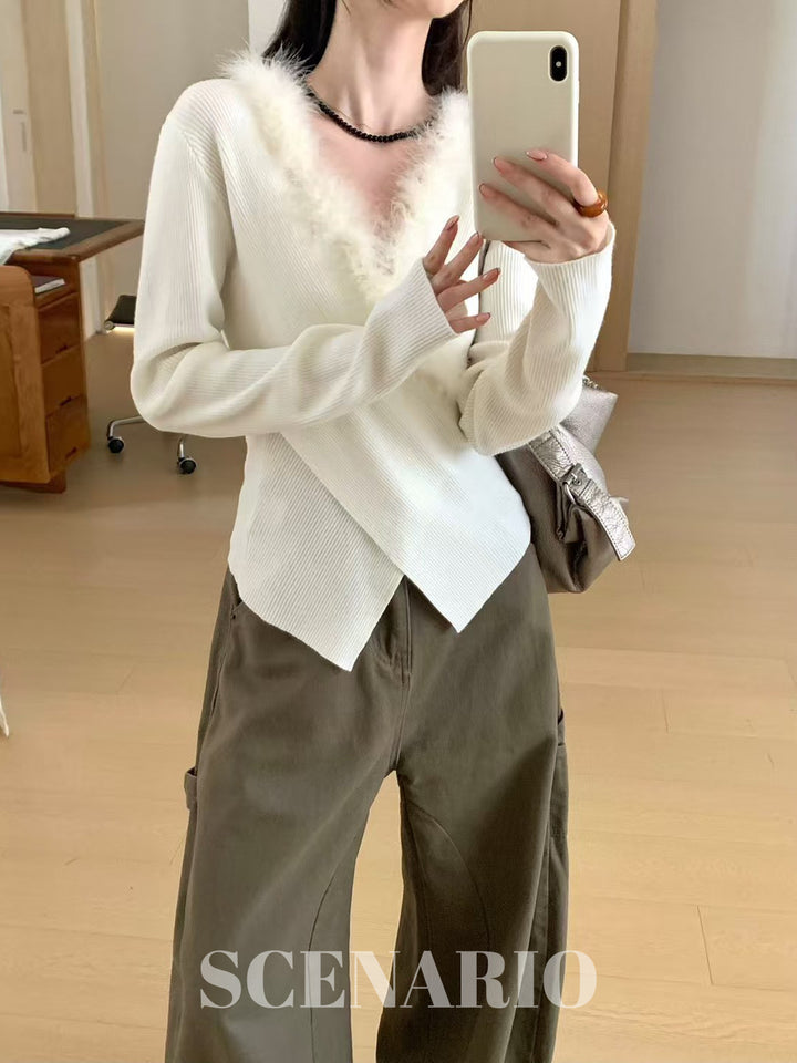 SCENARIO Rabbit Collar Knit Top-Two Colors