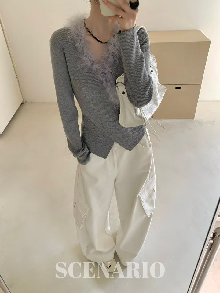 SCENARIO Rabbit Collar Knit Top-Two Colors