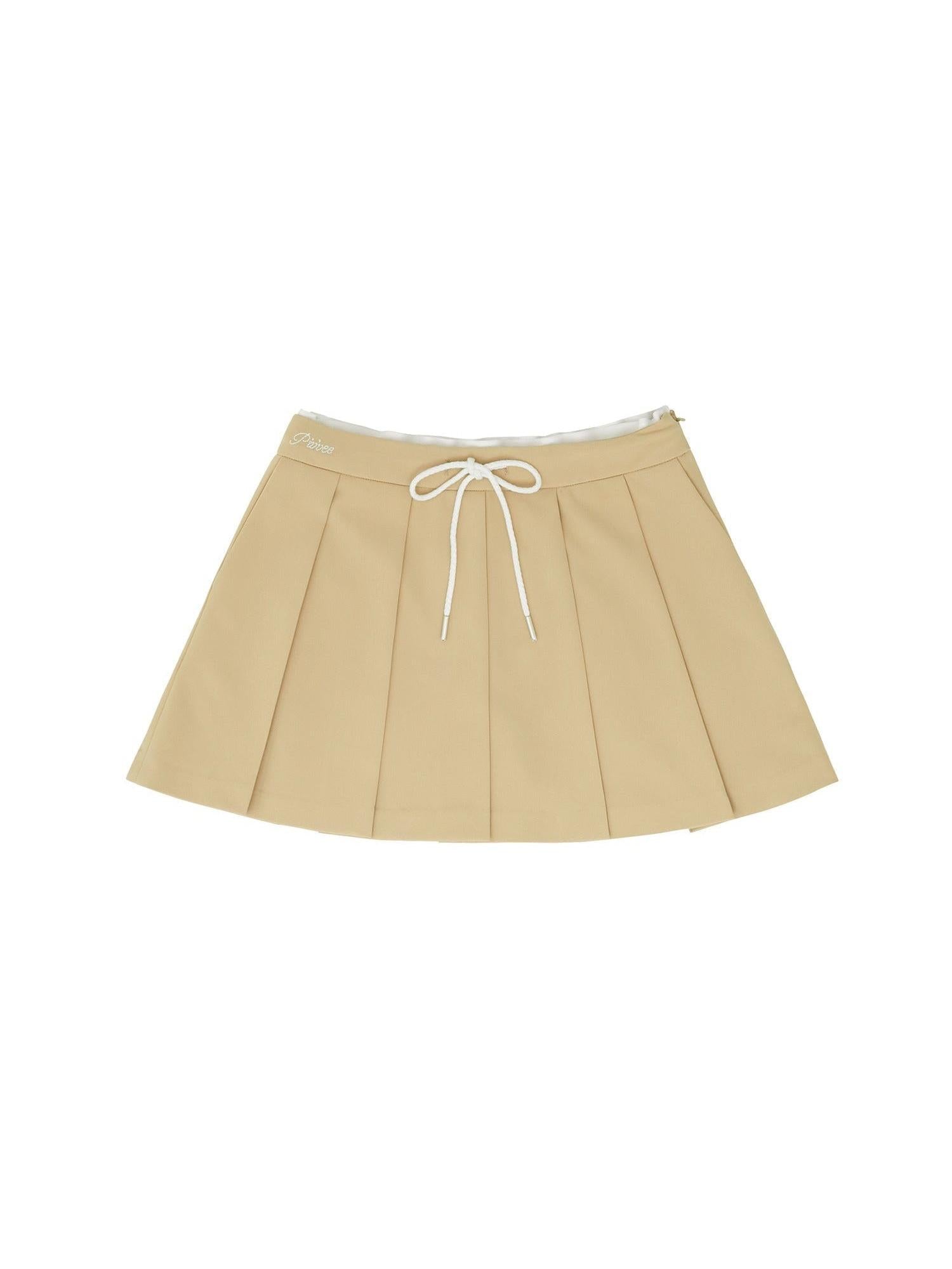 Piv‘vee Preppy String Pleated Skirt-Beige