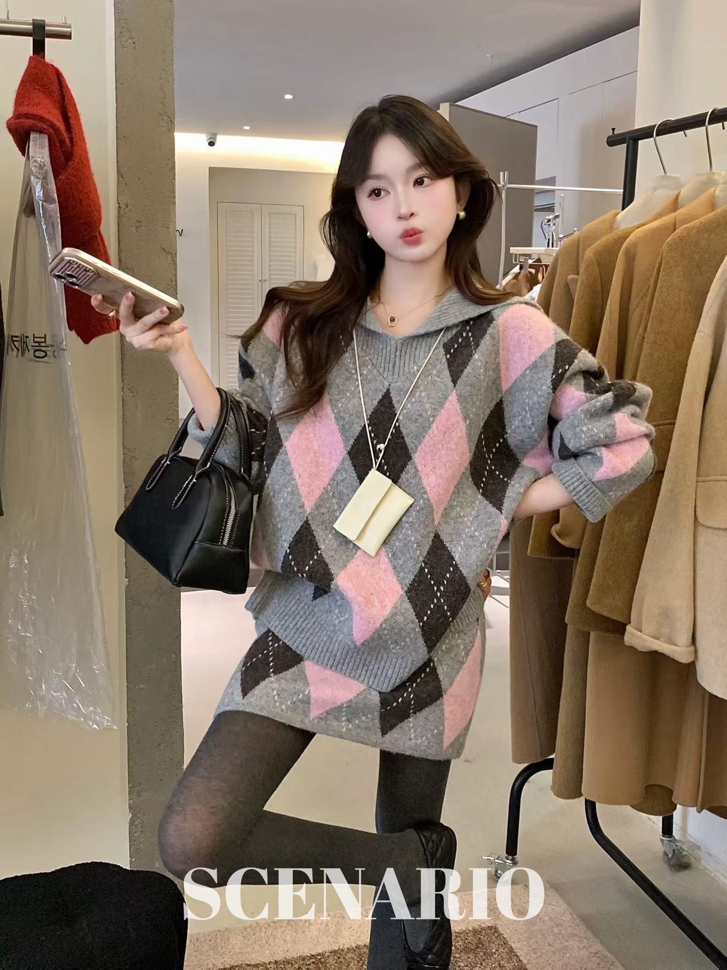 SCENARIO Argyle Knit 2-Piece Set-Pink