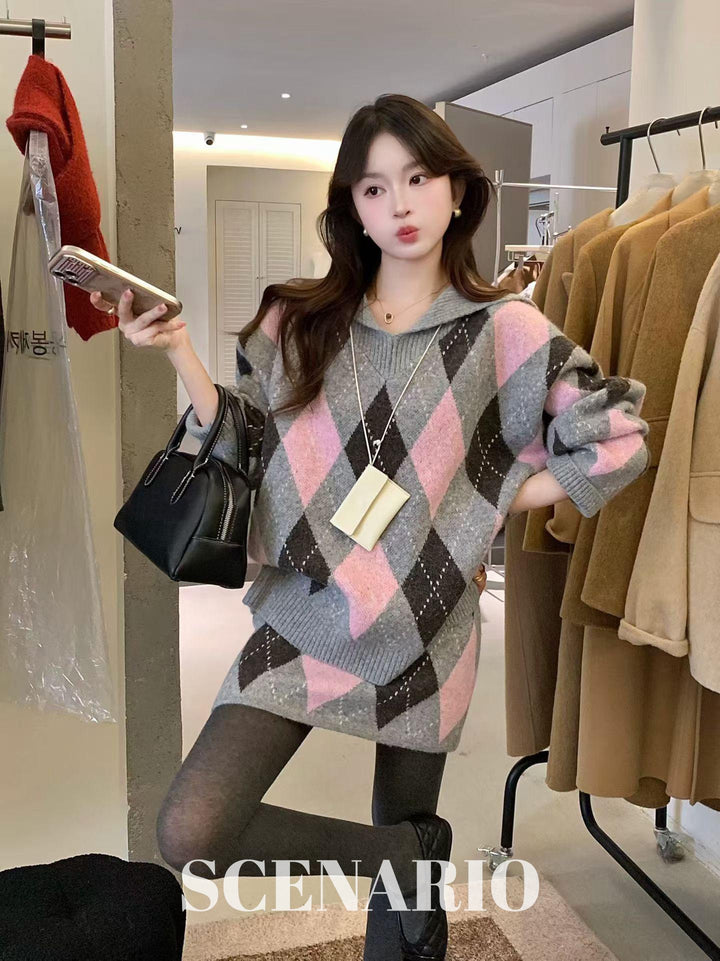 SCENARIO Argyle Knit 2-Piece Set-Pink