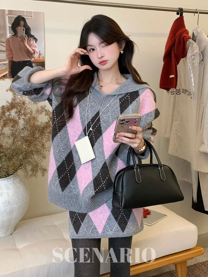 SCENARIO Argyle Knit 2-Piece Set-Pink