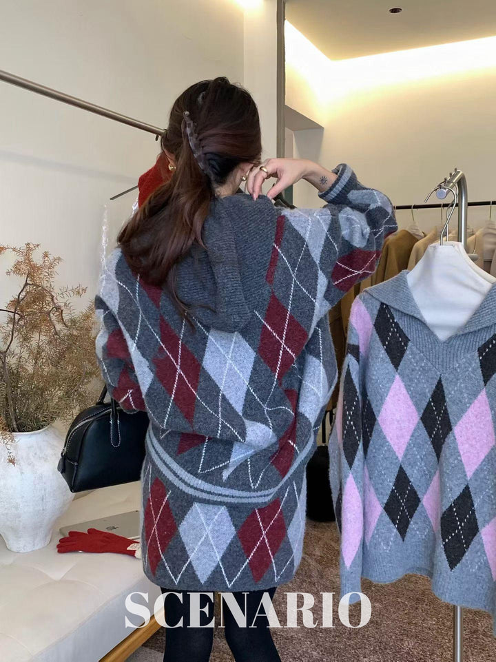 SCENARIO Argyle Knit 2-Piece Set-Red