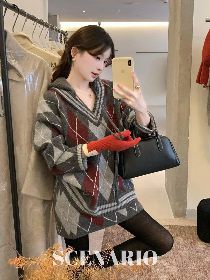 SCENARIO Argyle Knit 2-Piece Set-Red