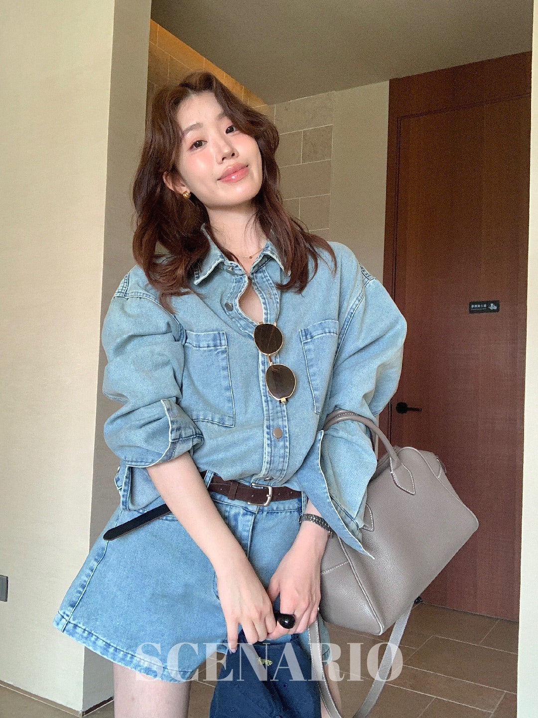 SCENARIO Vintage Wash Denim Shirt&Shorts Set-Blue