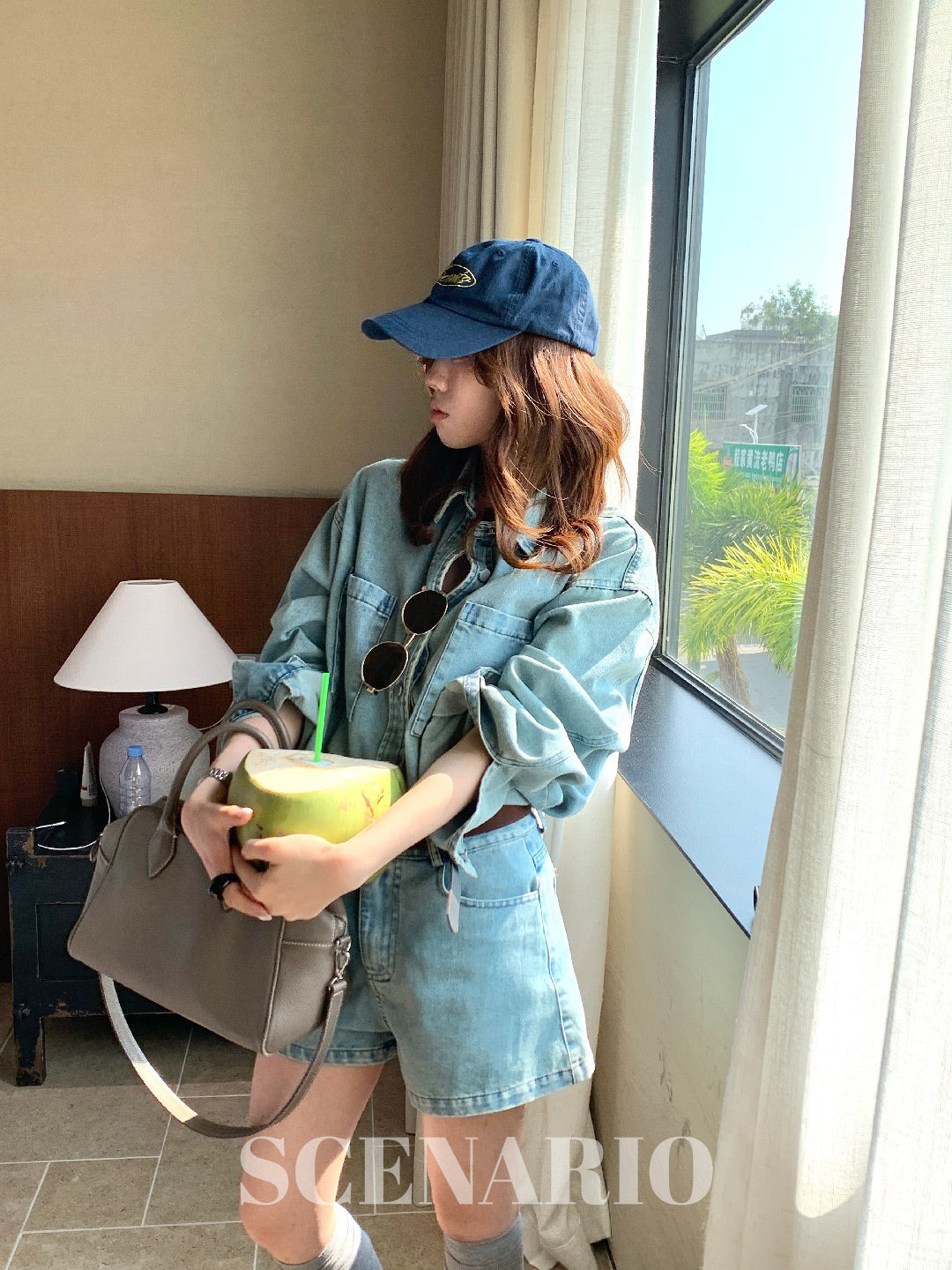 SCENARIO Vintage Wash Denim Shirt&Shorts Set-Blue