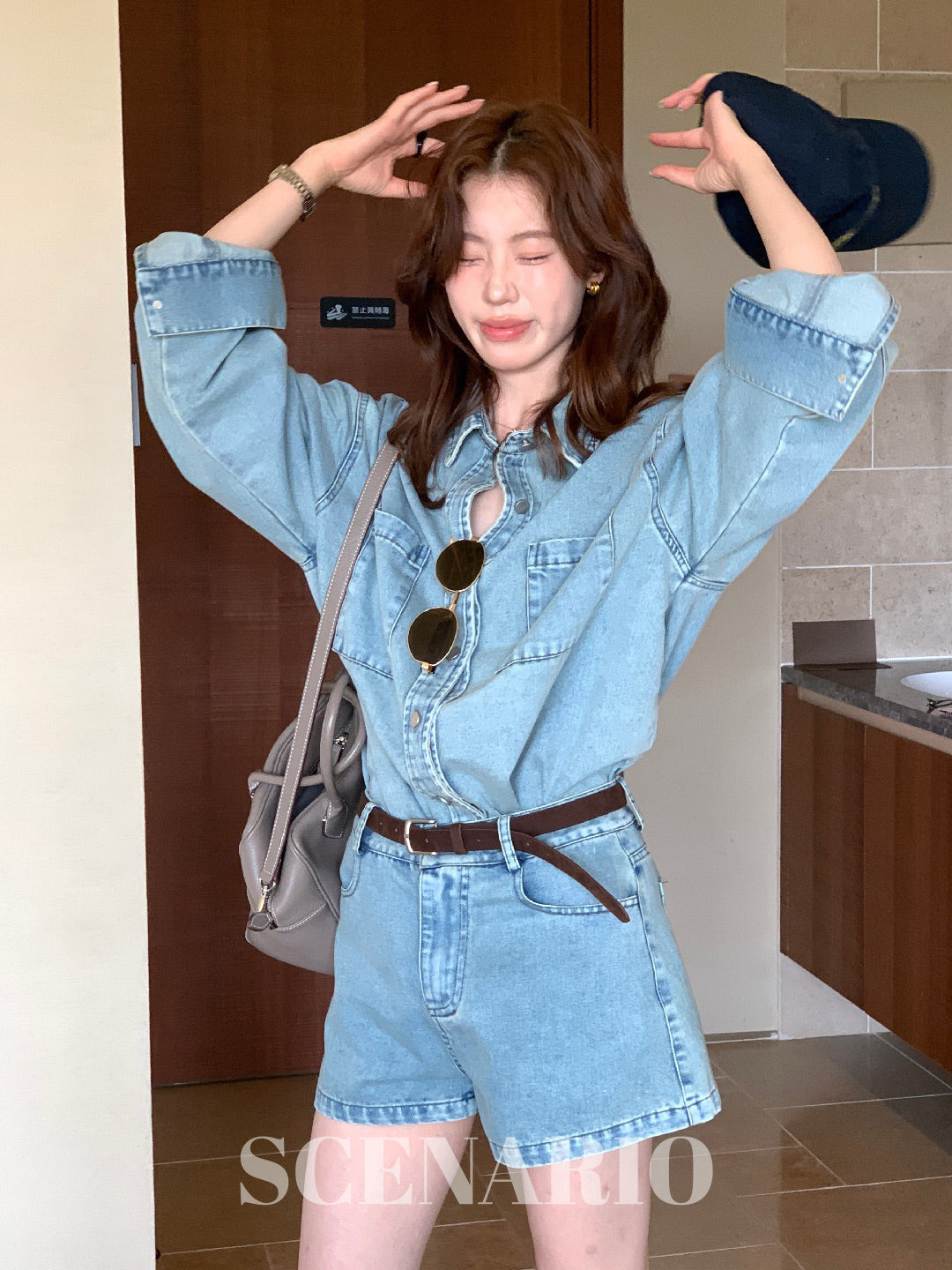 SCENARIO Vintage Wash Denim Shirt&Shorts Set-Blue