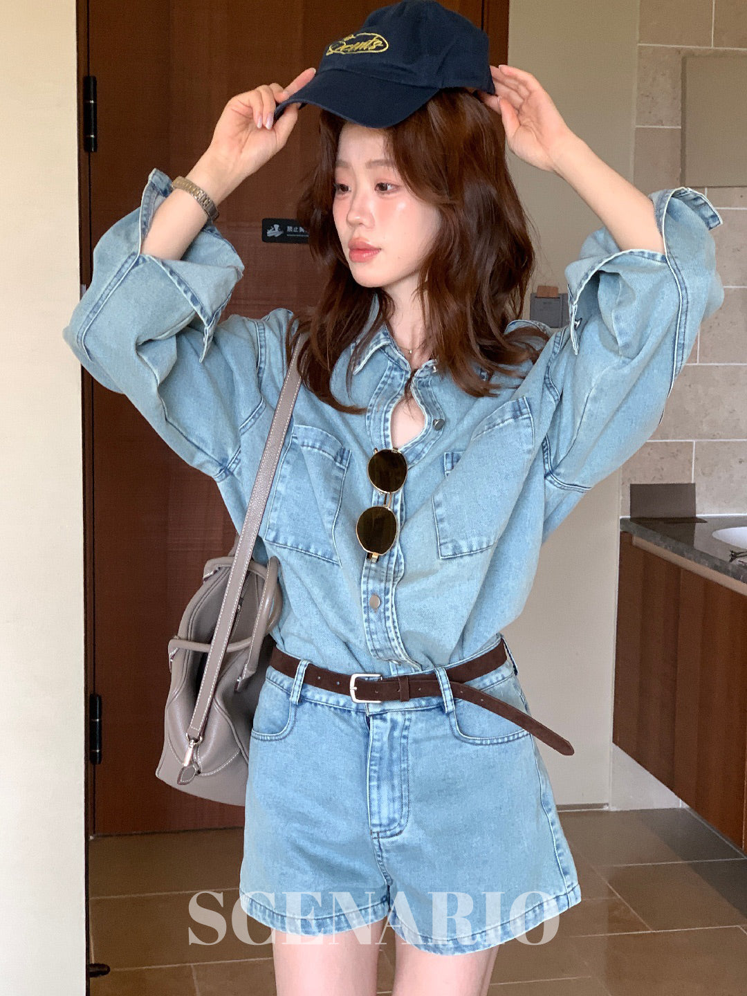 SCENARIO Vintage Wash Denim Shirt&Shorts Set-Blue