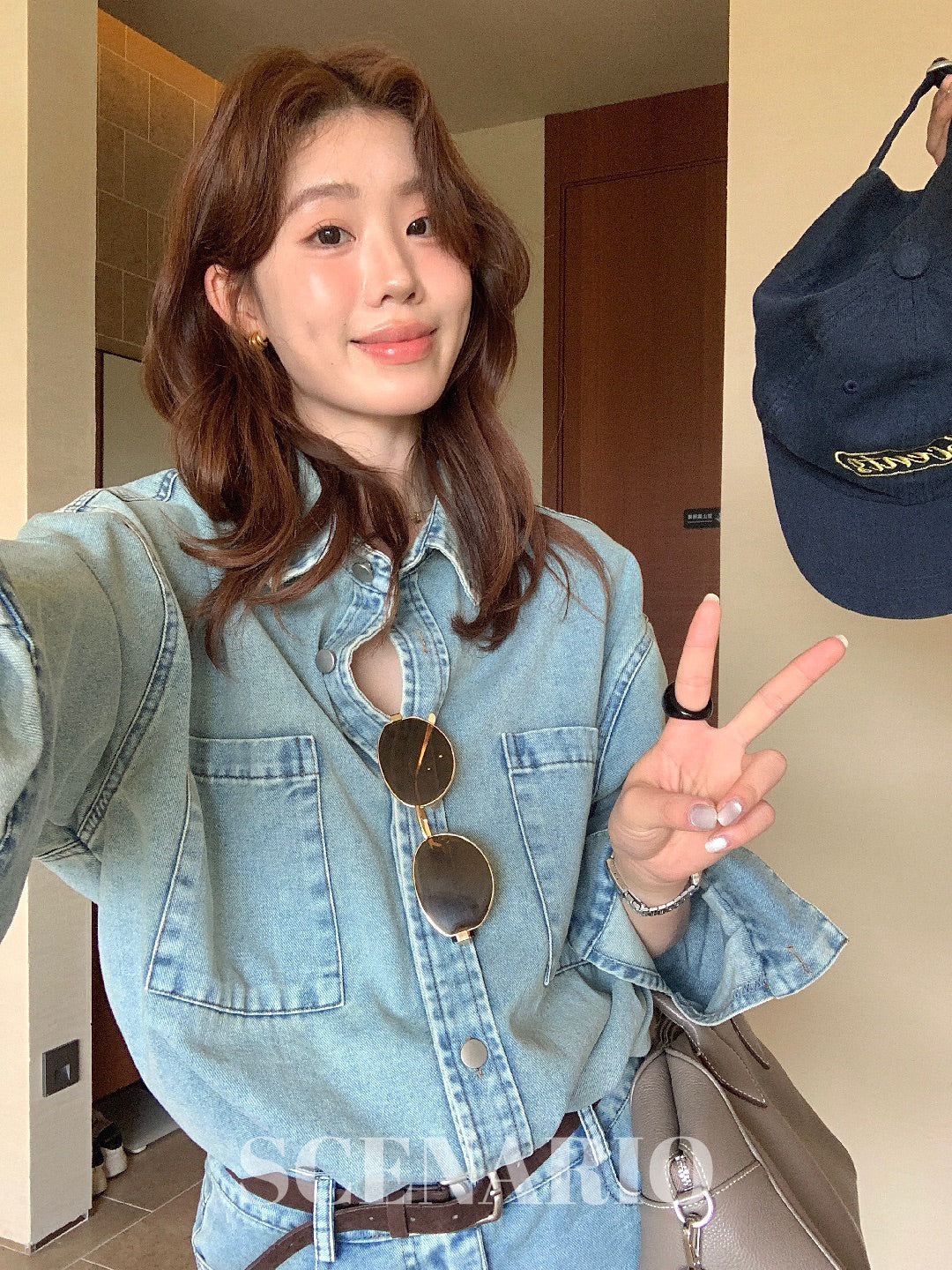 SCENARIO Vintage Wash Denim Shirt&Shorts Set-Blue