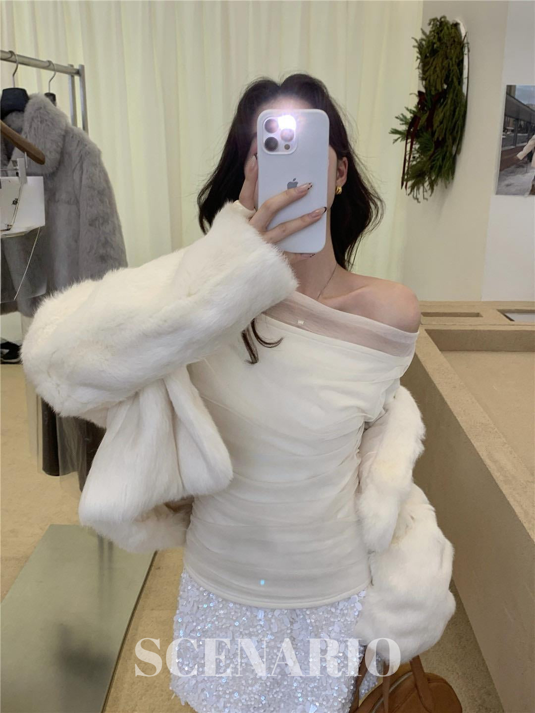 SCENARIO Sheer Mesh Off-Shoulder Top-2 Colors