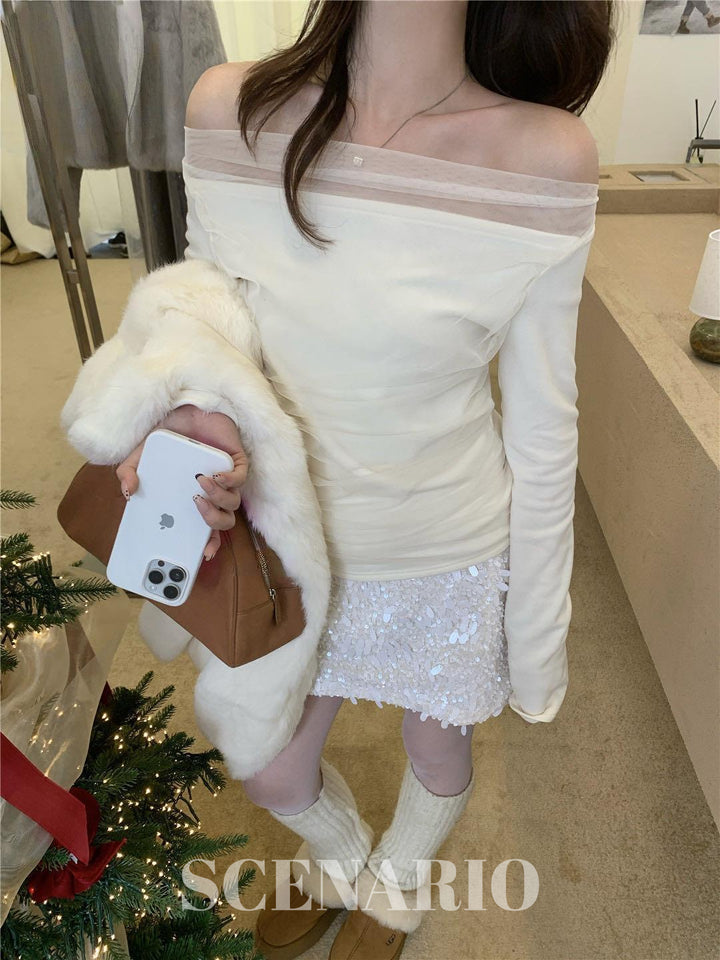 SCENARIO Sheer Mesh Off-Shoulder Top-2 Colors