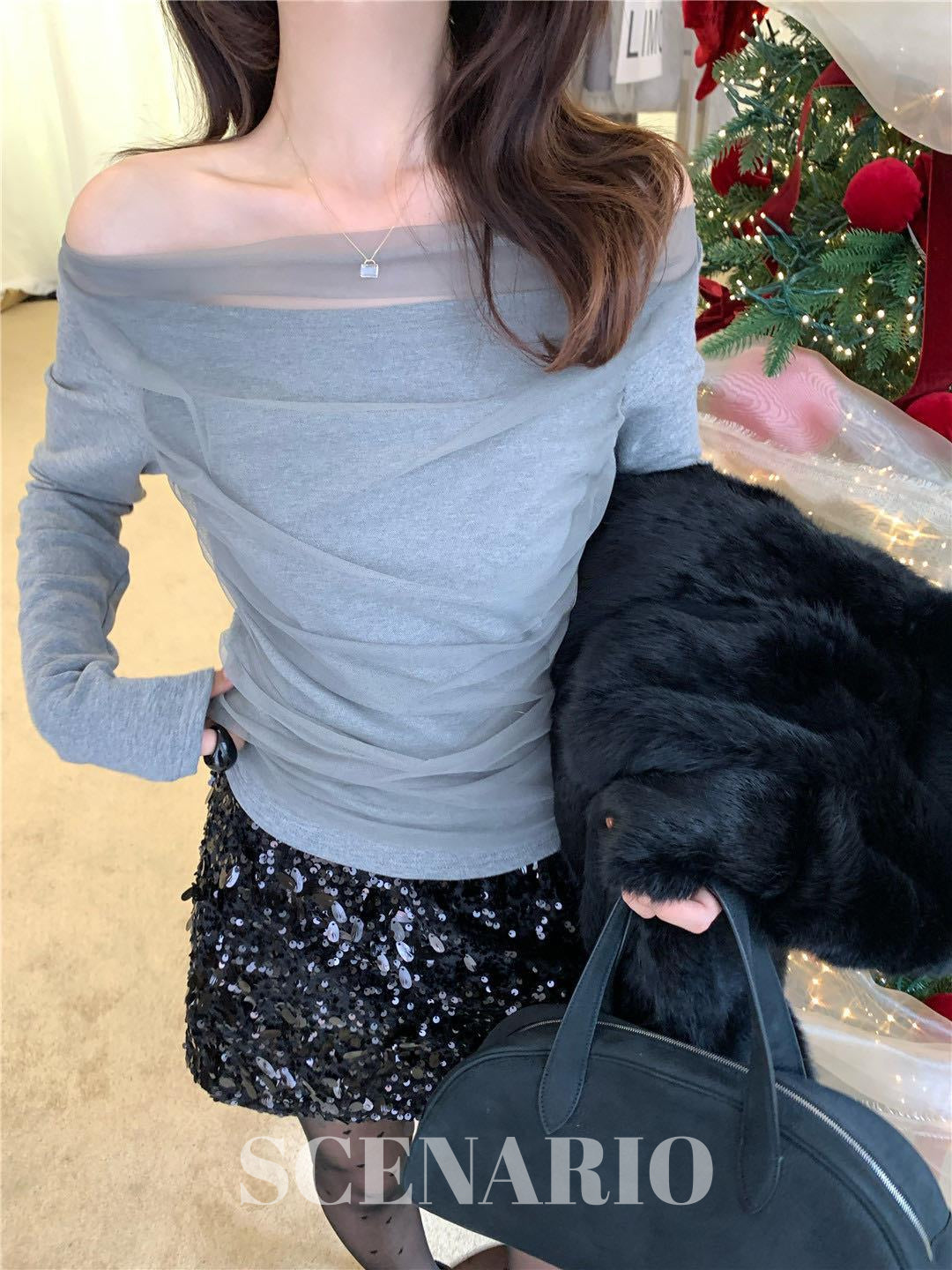 SCENARIO Sheer Mesh Off-Shoulder Top-2 Colors