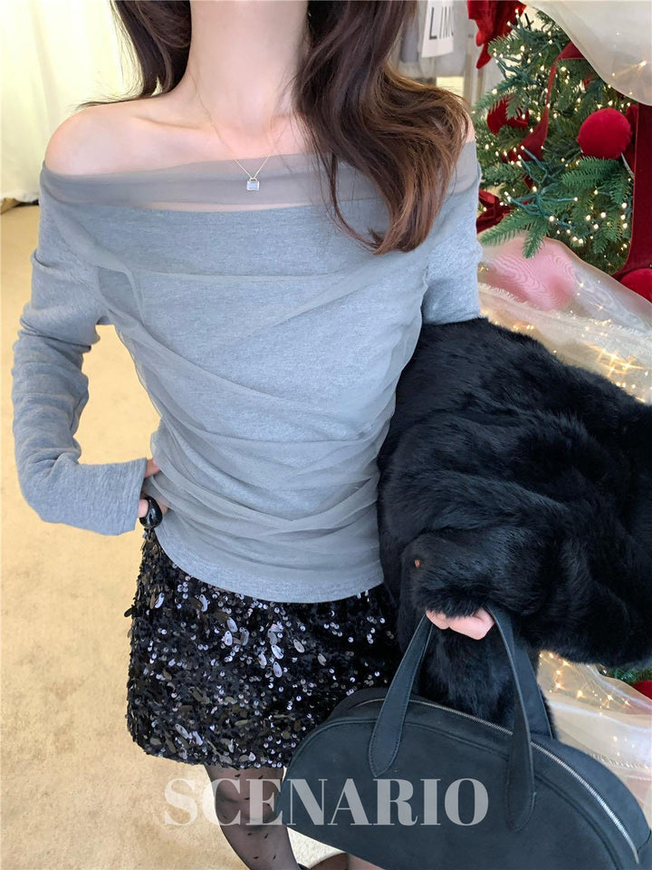 SCENARIO Sheer Mesh Off-Shoulder Top-2 Colors