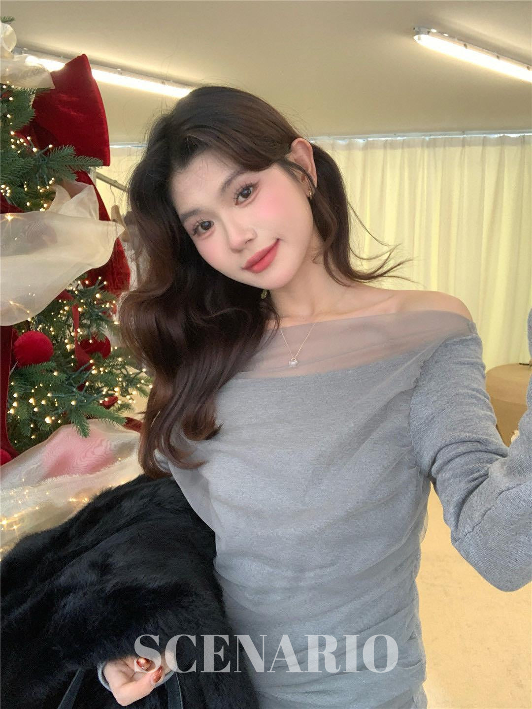 SCENARIO Sheer Mesh Off-Shoulder Top-2 Colors