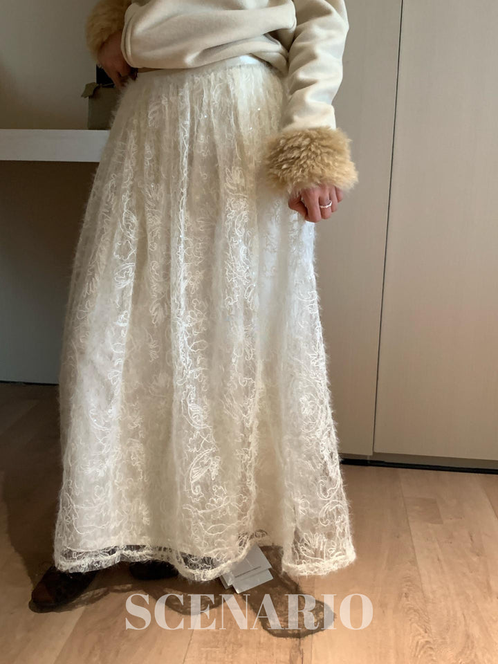 SCENARIO White Lace Maxi Skirt-White
