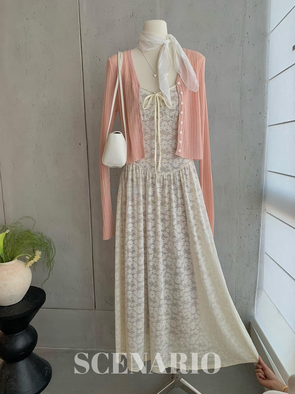 SCENARIO Blush Garden Lace Dress 2PCS Set - Cream