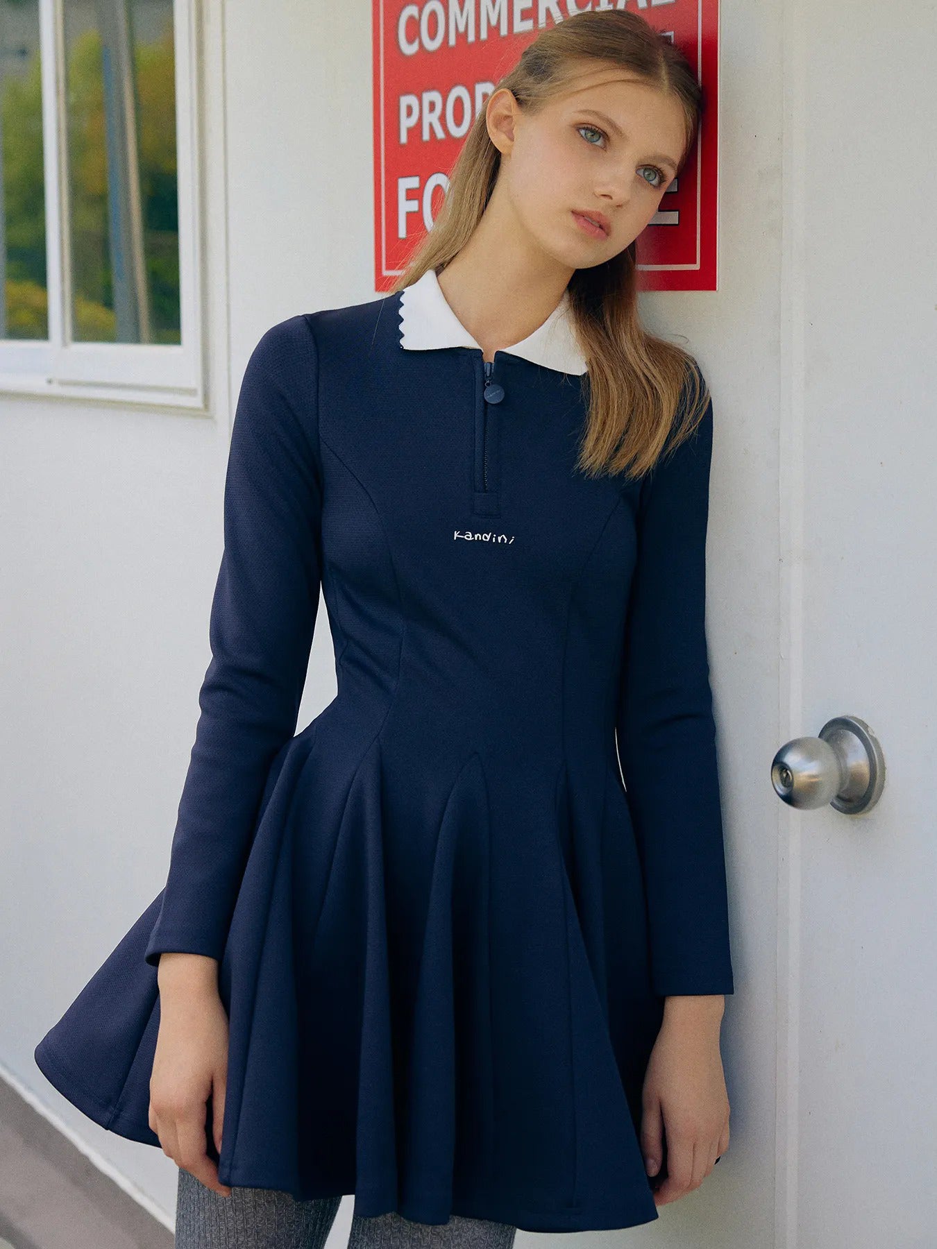 Kandini Collar Flare Dress-Navy