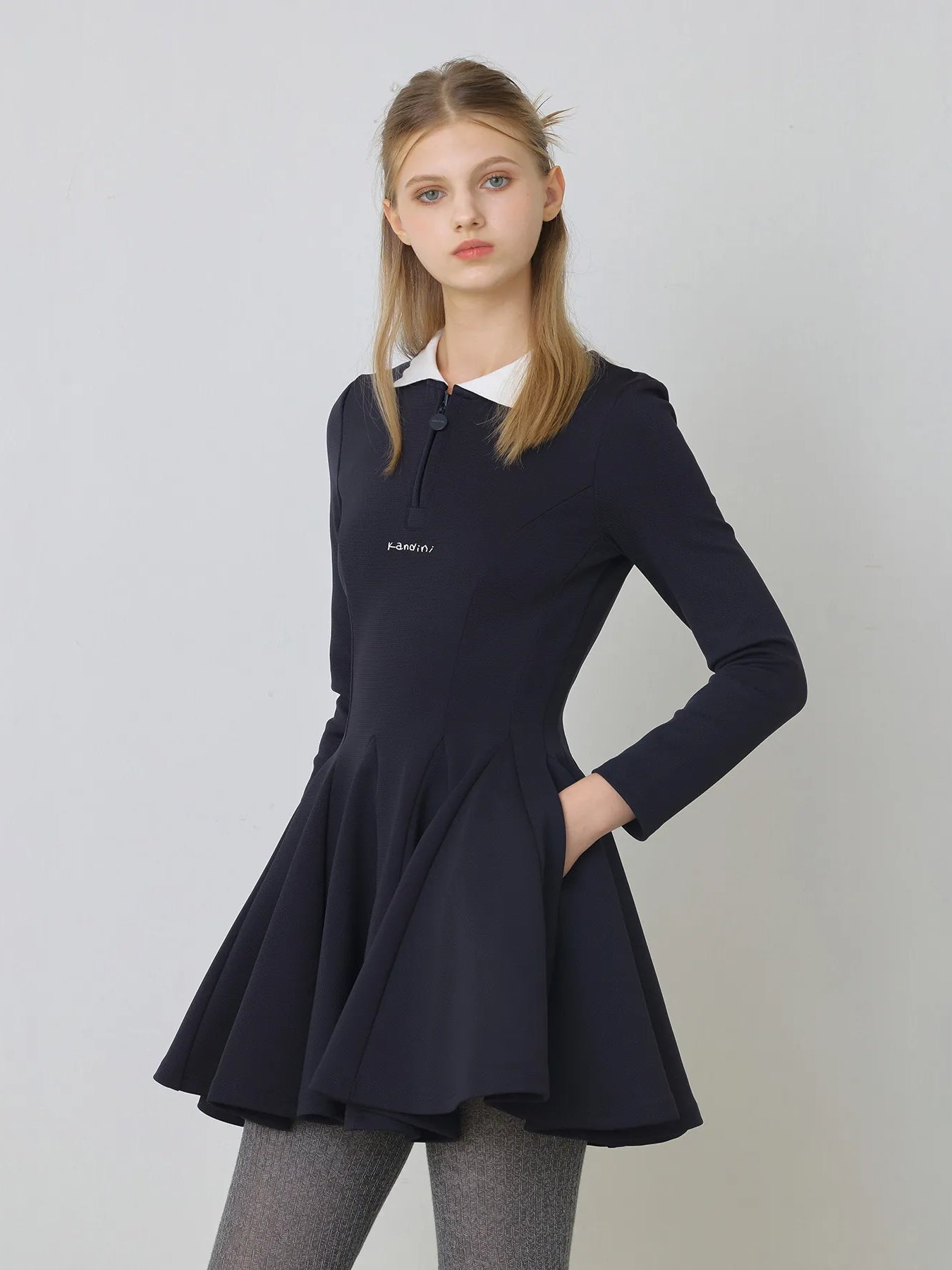 Kandini Collar Flare Dress-Navy