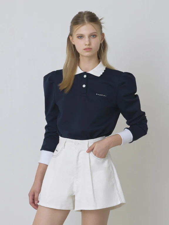 Kandini Polo Shirts With Puff Sleeves- Navy