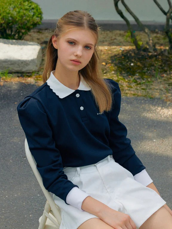 Kandini Polo Shirts With Puff Sleeves- Navy