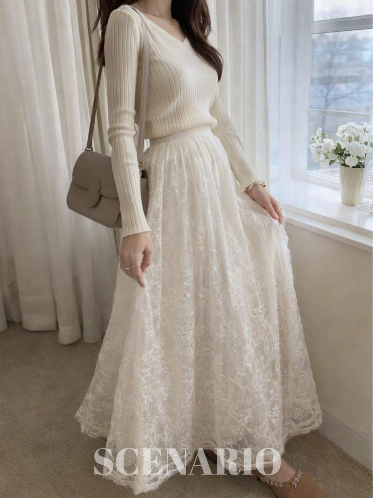 SCENARIO White Lace Maxi Skirt-White