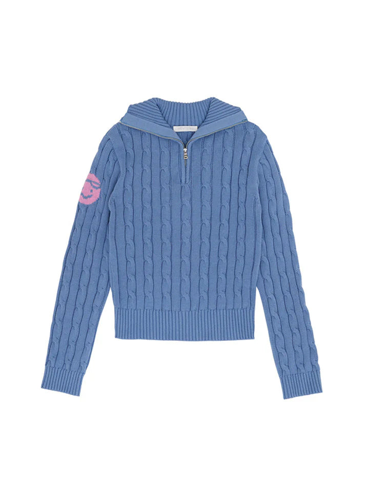 Piv'vee Cable Knit Half Zip Sweater-Blue