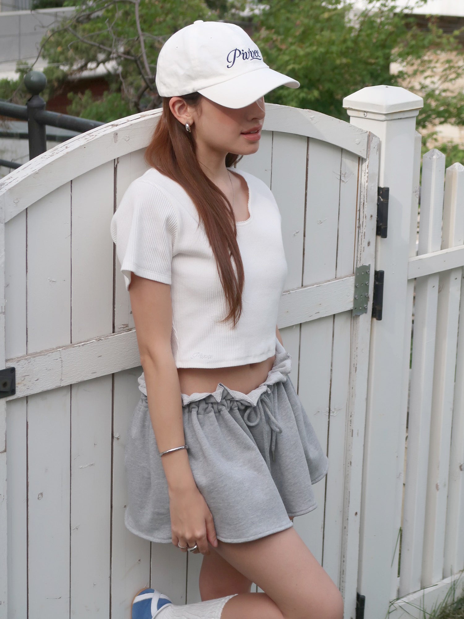 Piv'vee Drawstring Ruffle Mini Skirt-Heather Grey