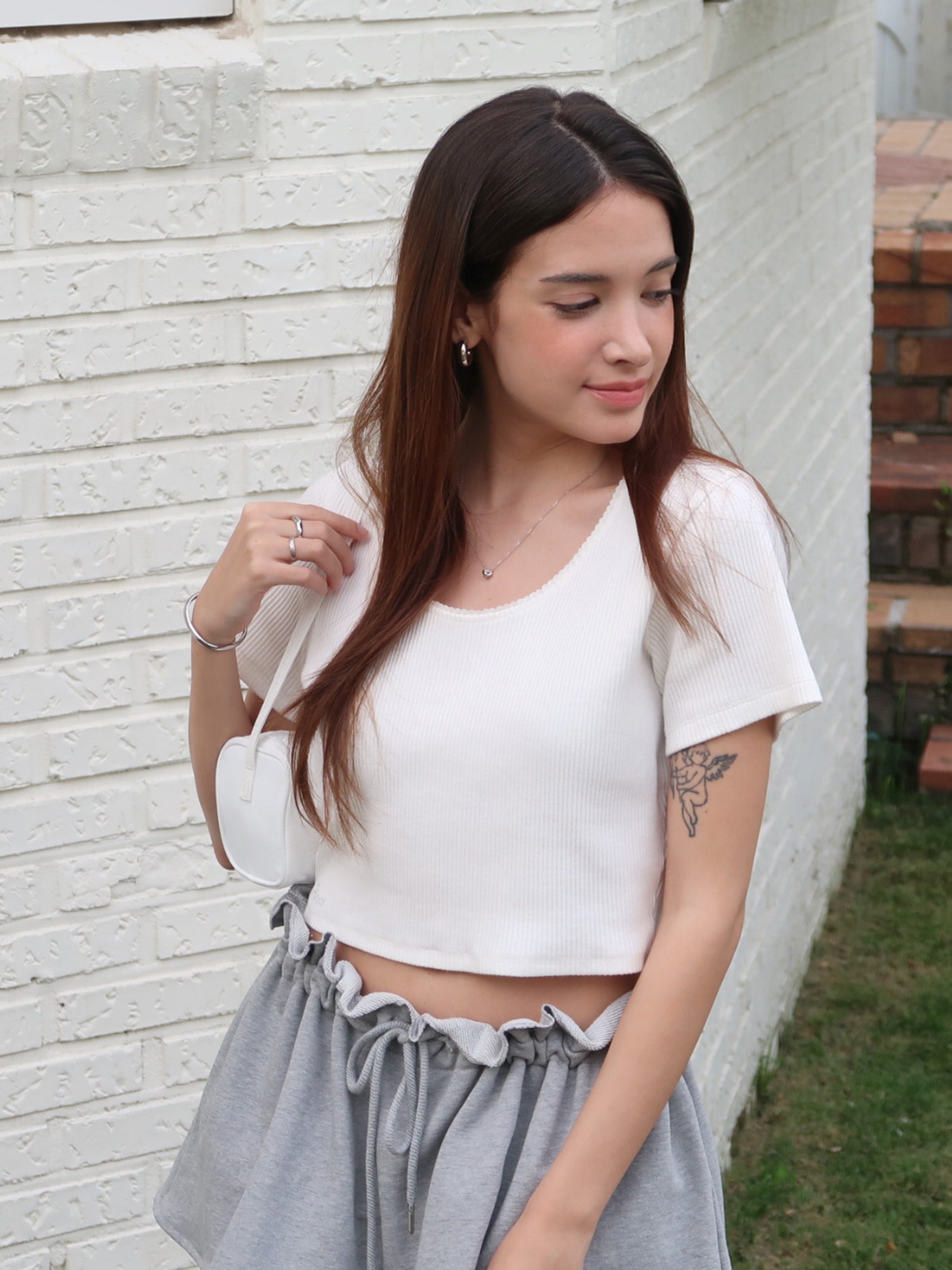 Piv'vee Drawstring Ruffle Mini Skirt-Heather Grey