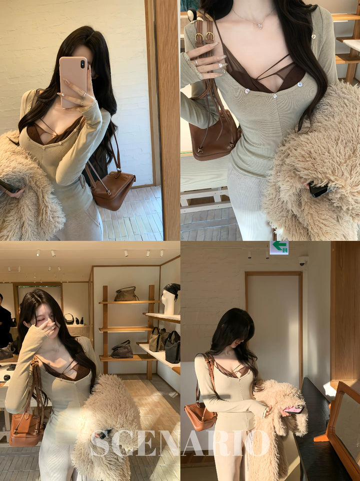 SCENARIO Luna Layered Knit Top 2 Pieces Set-Beige