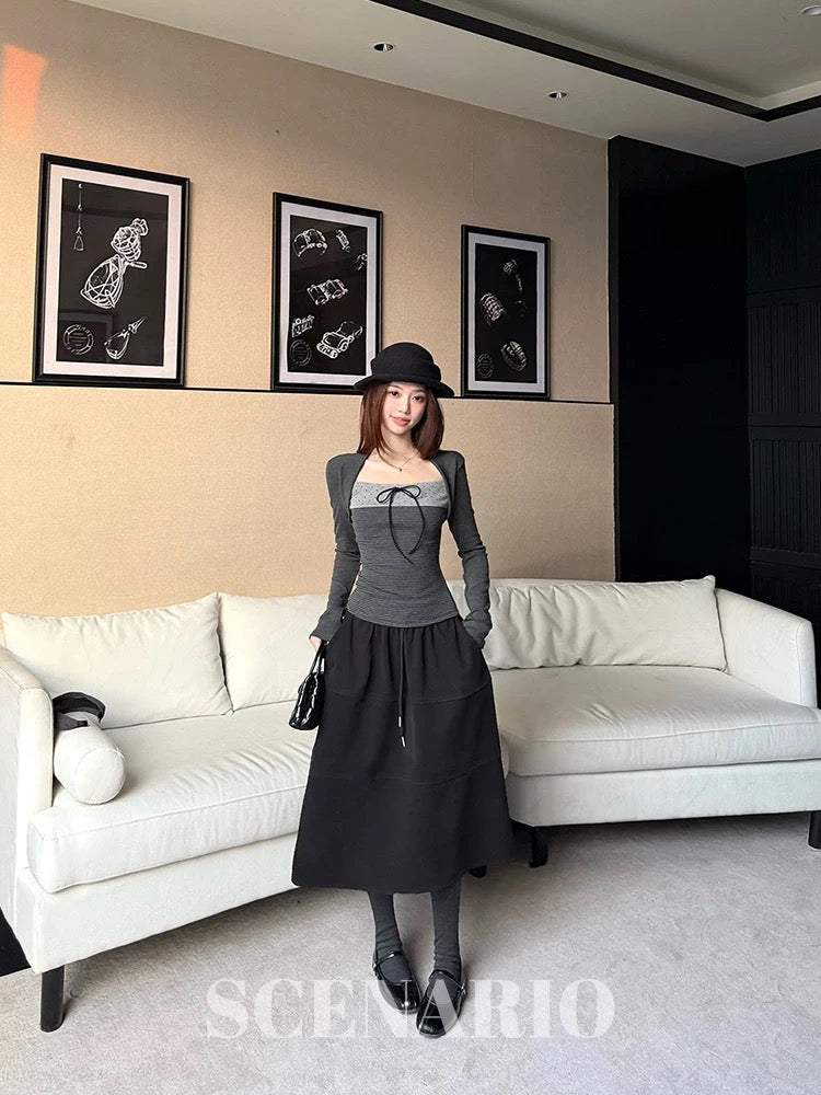 SCENARIO Ribbon Layered Knit Top-Grey