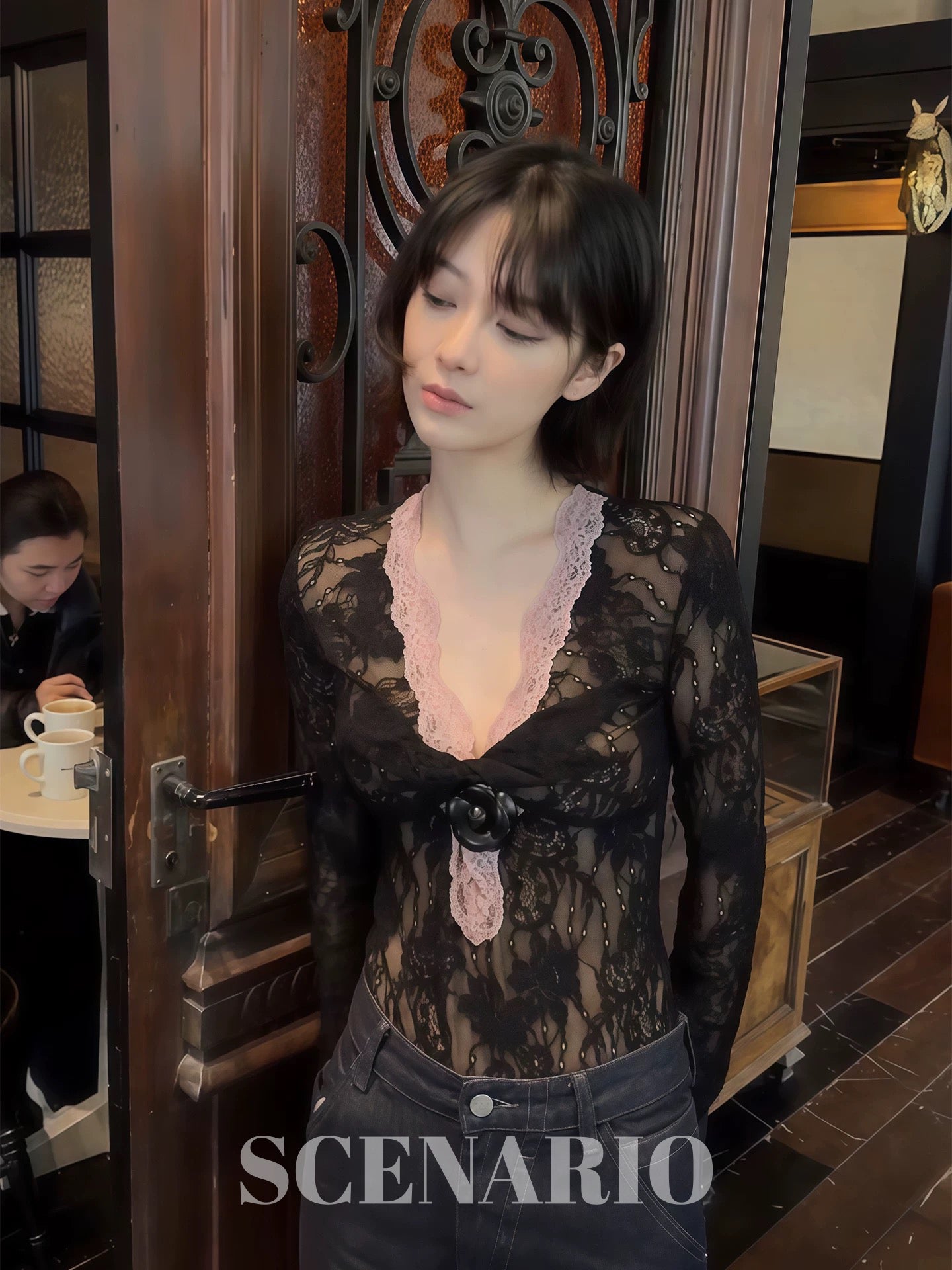 SCENARIO Midnight Lace Rose Top-Black