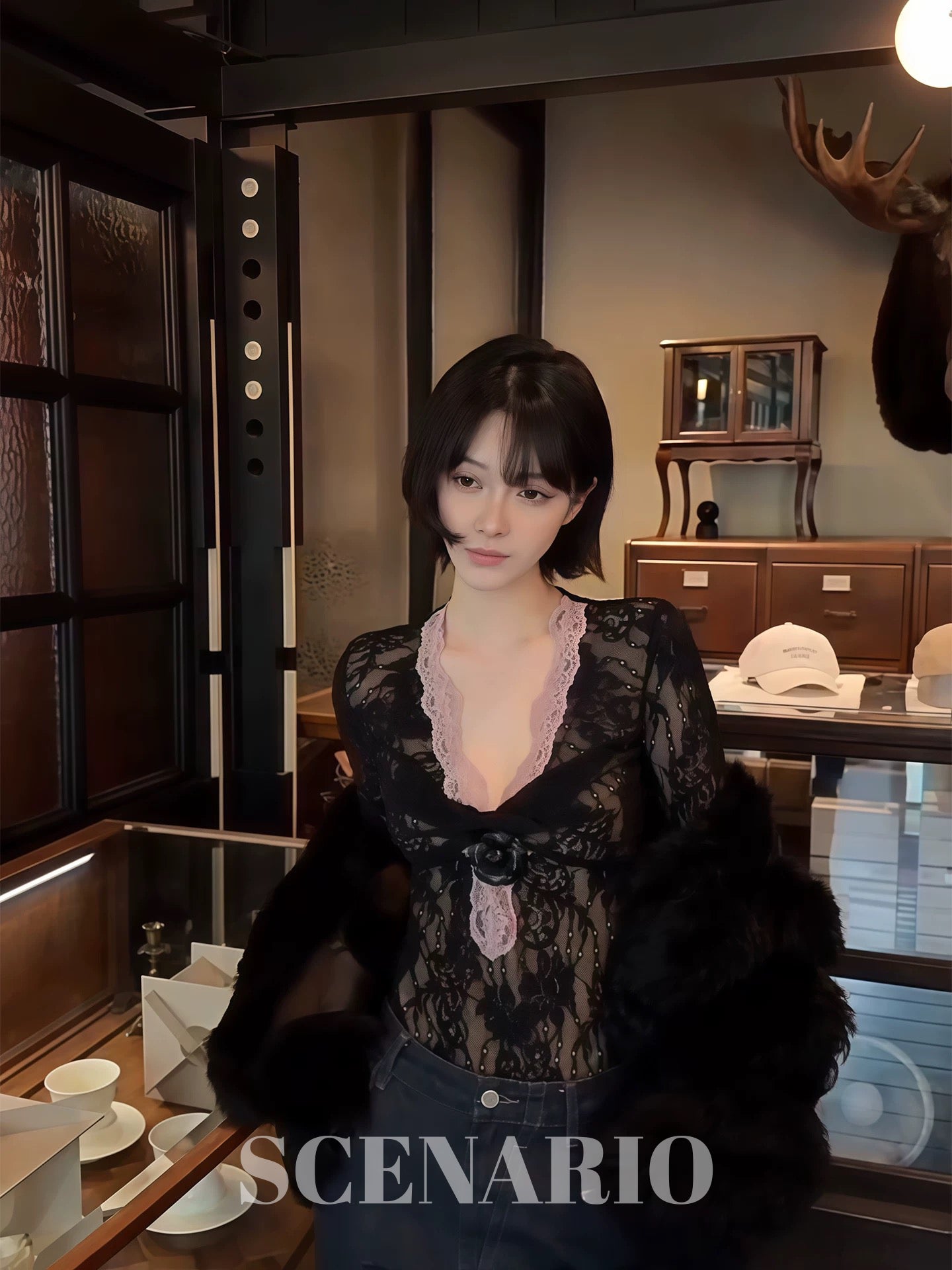 SCENARIO Midnight Lace Rose Top-Black
