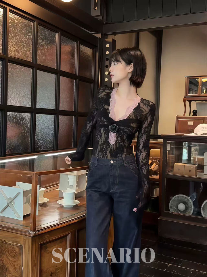 SCENARIO Midnight Lace Rose Top-Black