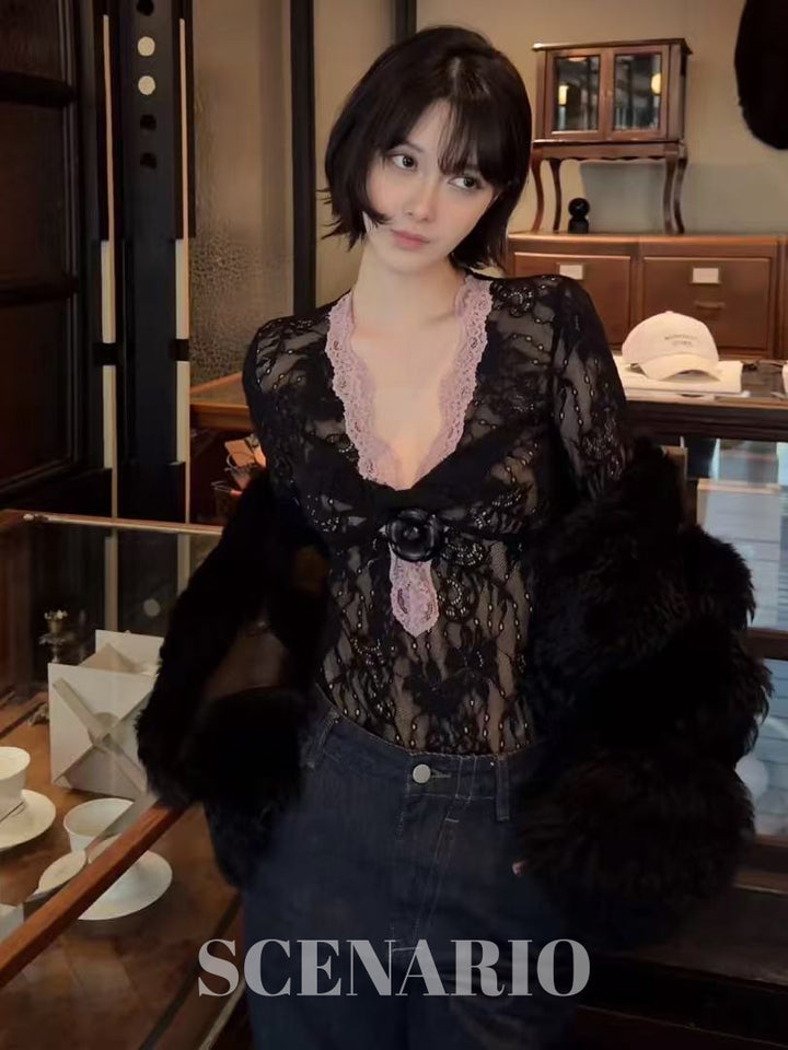 SCENARIO Midnight Lace Rose Top-Black